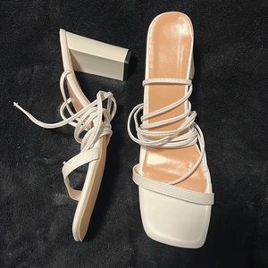 White lace up tie heels, never worn before still in box with original packaging